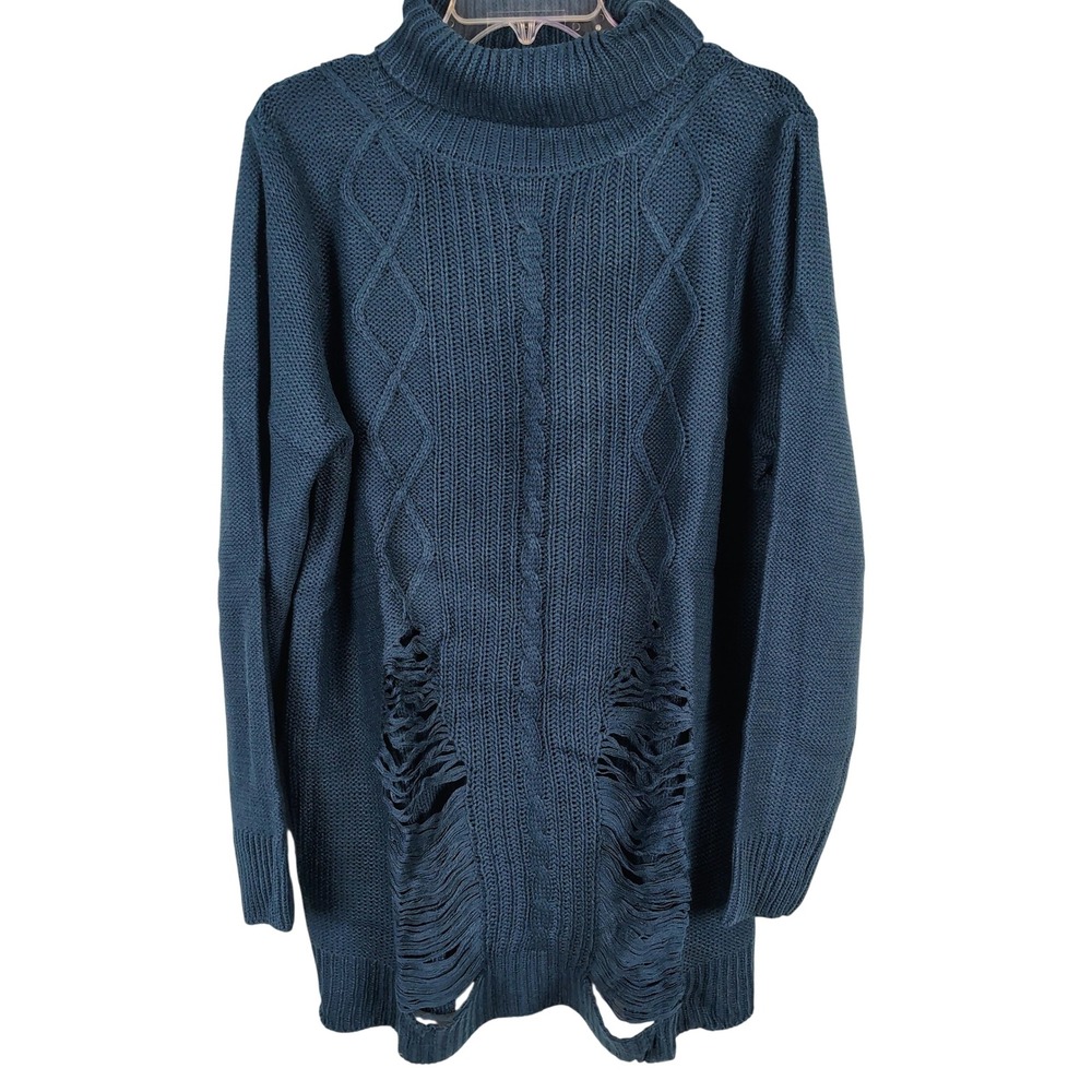 NWT Womens 2X Distressed Cable Knit Turtleneck Sweater Teal Grunge Gothcore